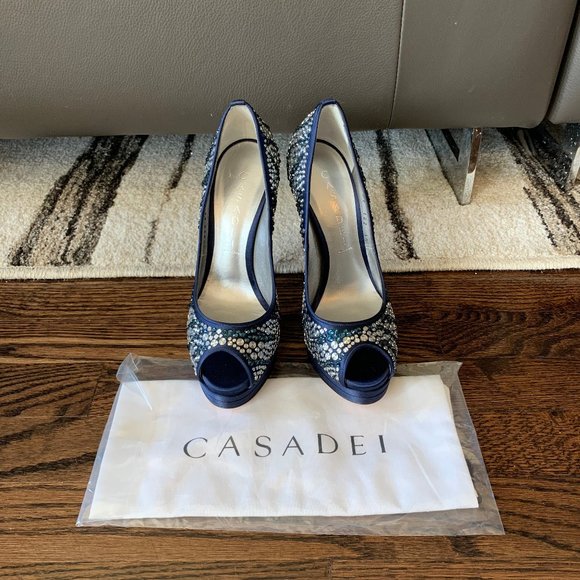 Casadei Satin Embellished Peep-Toe Pump - Picture 1 of 8